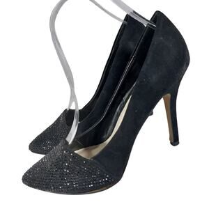 APT. 9! BLACK VEGAN SUEDE LEATHER MICRO-JEWELED TOE IN BLACK HEELS, PUMPS! SZ 8M